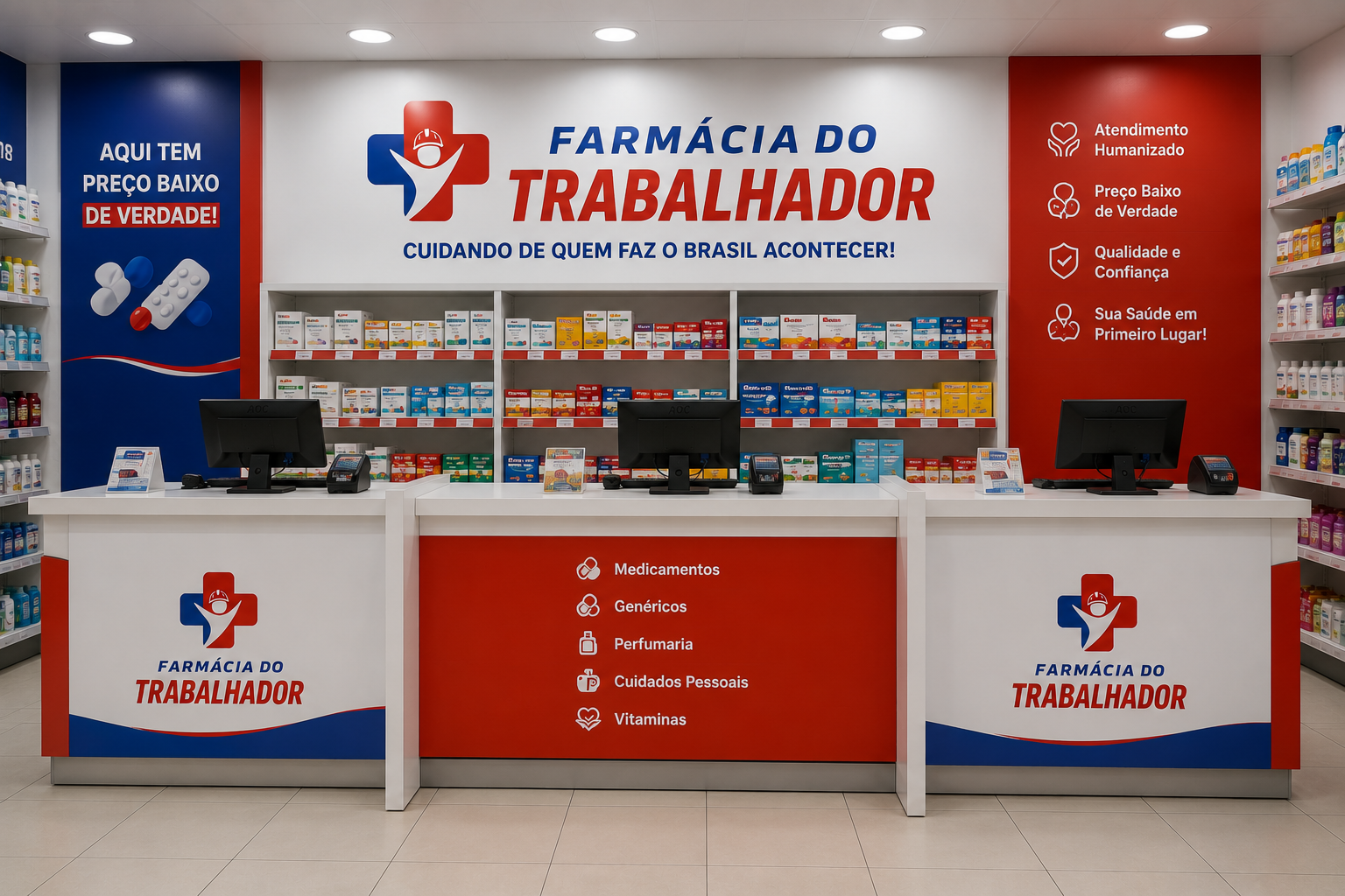 Interior espaçoso e organizado da Farmácia do Trablhador